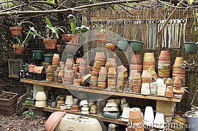 Large collection of old terra cotta flower pots Stock Photo