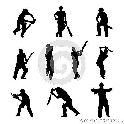 Large collection of silhouettes of cricket player batsman, bowler & cricket elements Cartoon Illustration