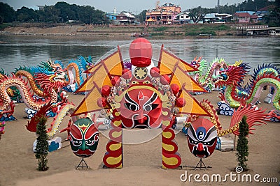 Large colorful Lantern showing and decorated near river for tourism on Chinese New Year Celebration in Thailand Editorial Stock Photo