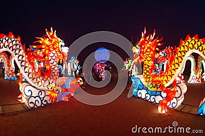 Large colorful Lantern showing and decorated for tourism on Chinese New Year Celebration in Thailand. Editorial Stock Photo