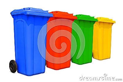 Large colorful trash cans collection Stock Photo