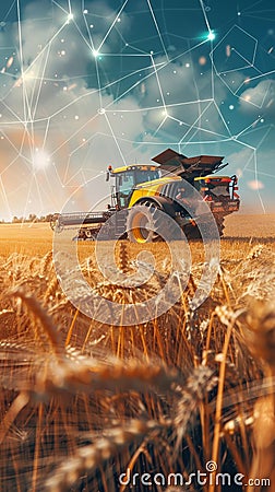 A large combine harvester works effortlessly in a golden wheat field under an interconnected network graphic Stock Photo