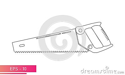 A large, comfortable wood saw. Linear design. On a white background. Carpenter tools. Flat vector illustration. Vector Illustration