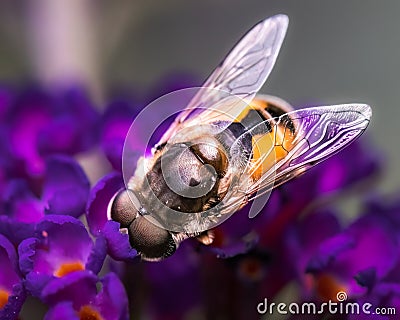 Large Common Drone Hover Fly (Syrphidae, Eristalis tenax) on purple flowers Stock Photo