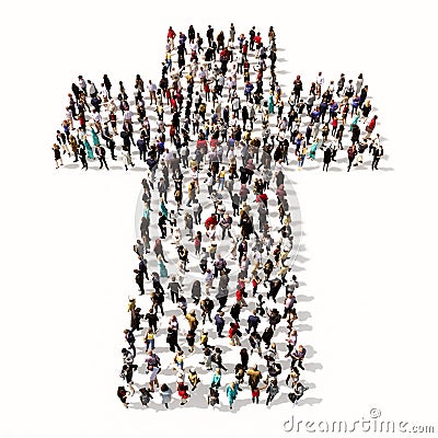 Large community of people forming the image of a religious christian cross. Cartoon Illustration