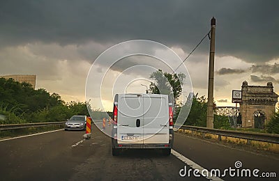 Large congestion and stormy weather on the highway of the sun in Romania Editorial Stock Photo