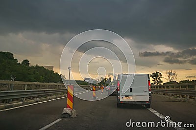 Large congestion and stormy weather on the highway of the sun in Romania Editorial Stock Photo