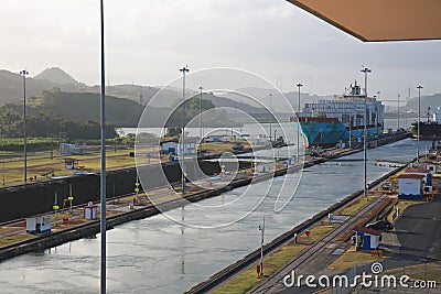 Container Ship Enters Panama Canal Lock Editorial Stock Photo