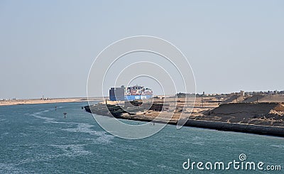 Large container ship transiting Suez Canal. Editorial Stock Photo