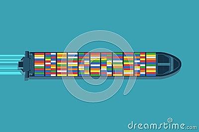 Large container ship at sea. Aerial top view. Cargo to harbor. Vector Illustration