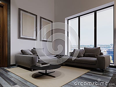 A large corner sofa by the living room window is contemporary style, gray fabric, a multifunctional modular sofa with a magazine Stock Photo