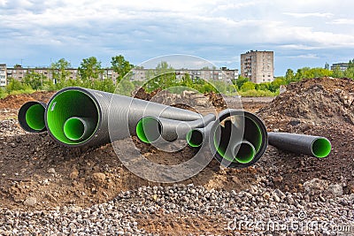 Large corrugated PVC pipes for drainage Stock Photo