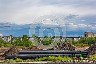 Large corrugated PVC pipes for drainage Stock Photo