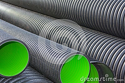 Large corrugated PVC pipes for drainage Stock Photo