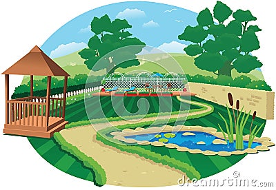 Large country garden with pond Vector Illustration