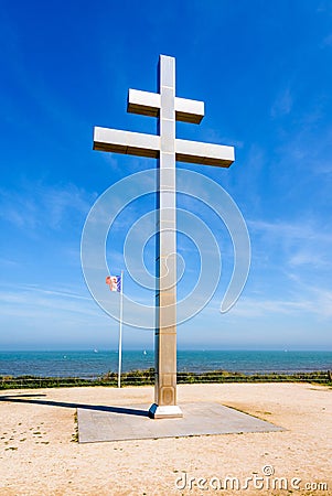 Large cross of Lorraine on Juno Beach in Normandy Editorial Stock Photo