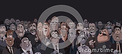 Large crowd of funny cartoon people in a dark room Vector Illustration