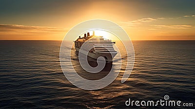 A large cruise ship sailing into a bright sunrise over the ocean created with Generative AI Stock Photo