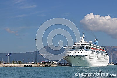 Large cruiser ship in port Corfu Stock Photo