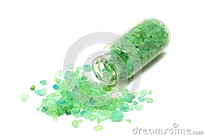 Large crystals green salt in a glass bottle Stock Photo