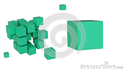 Large cube with space for text or a logo against a background of flying turquoise cubes. Isolated on a white background. Stock Photo