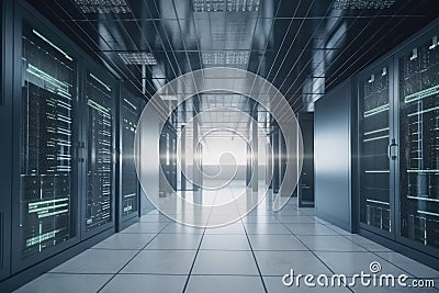 A large data centre with many computer racks in bright light created with generative AI technology Stock Photo