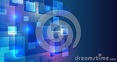 Large data stream on a dark background, glowing lines and squares. Data set analysis and visualization. Abstract business Vector Illustration