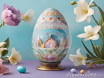 A large decorated Easter egg sits on a purple table. by generative ai Stock Photo