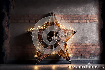 Large decorative retro star with lots of burning lights on grunge concrete background. Beautiful decor, modern design element. The Stock Photo