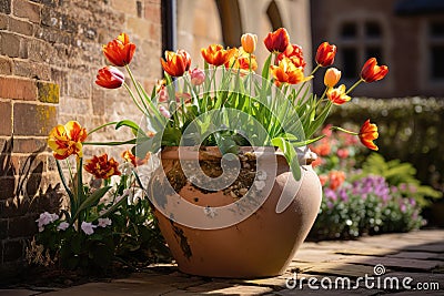 A large decorative terracotta pot with red and yellow Tulips Stock Photo