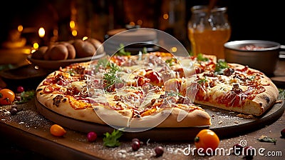 Large delicious nutritious baked pizza Cartoon Illustration