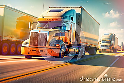 Large Delivery Semi Trucks Rushing Down the Highway - Generative AI Stock Photo