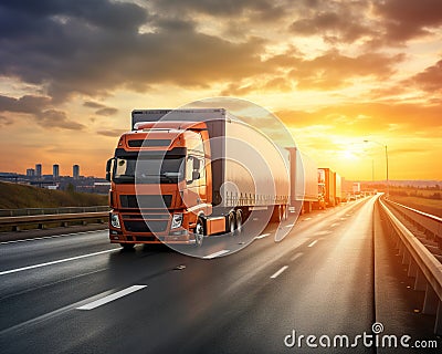 Large Delivery Semi Trucks Rushing Down the Highway Cartoon Illustration