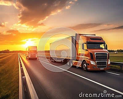 Large Delivery Semi Trucks Rushing Down the Highway Cartoon Illustration