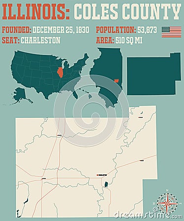 Map of Coles County in Illinois Vector Illustration