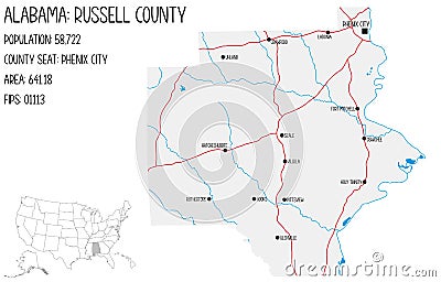 Map of Russell county in Alabama, USA. Vector Illustration