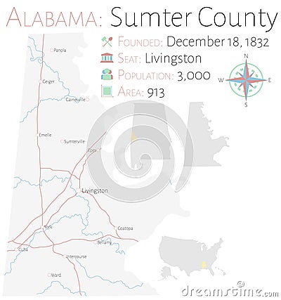 Map of Sumter County in Alabama Vector Illustration