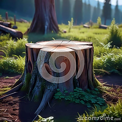 Large detailed picturesque wooden stump in the forest, deforestation, old rotten stump, Cartoon Illustration