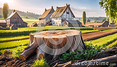Large detailed scenic wooden stump on a food farm, with a cozy village in the background Cartoon Illustration