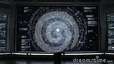 Large Digital Display of Quantum Scientific Data in Futuristic Setting Concept of Advanced Technology, Data Stock Photo