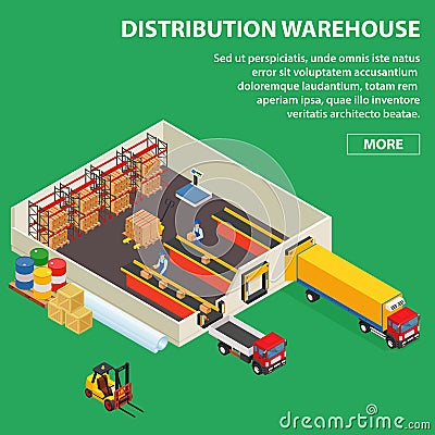 Large distribution warehouse with workers loading or unloading to trucks. Isometric industrial building. Vector Illustration