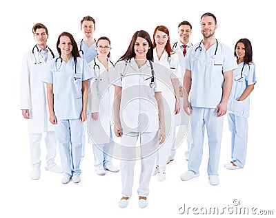 Large diverse group of medical staff in uniform Stock Photo