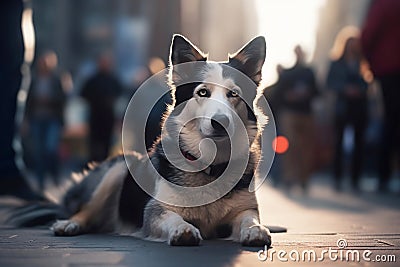 Large dog lying in city street with blurry people in background. Generative AI Cartoon Illustration