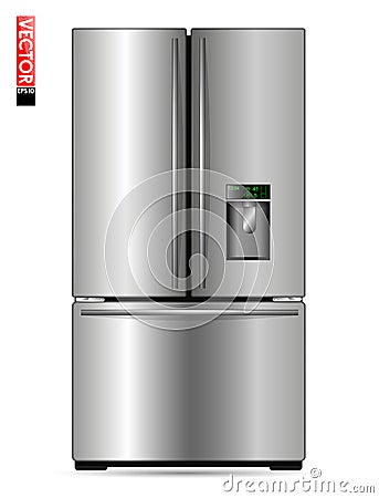 Large double-wing refrigerator with metal coating, display and freezer. Suitable for illustrating kitchens, products or Vector Illustration