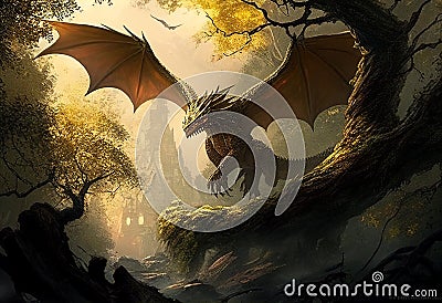 A large dragon flies in the forest. AI Generated Stock Photo