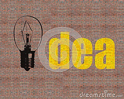 Large drawing lamp and idea word on huge bricks wall Stock Photo