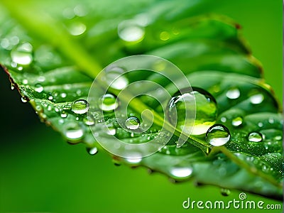 Large drops of morning dew on green leaf Stock Photo