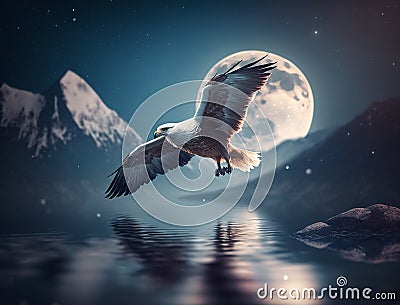 A large eagle flies with its wings spread over the surface of the water at night against the background of a blue moon Cartoon Illustration