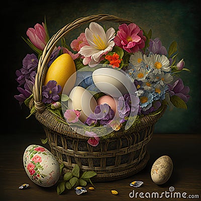 Large Easter basket with eggs and beautiful flowers. Generative AI Stock Photo