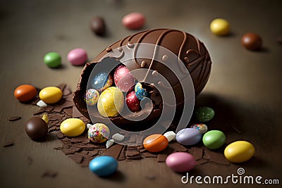 a large Easter chocolate egg with colored candies, Generative AI 1 Stock Photo